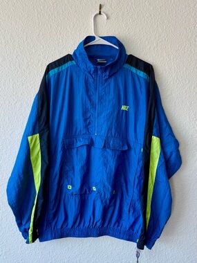 Vintage Nike Large Blue Windbreaker Jacket with Bright Lime Accents